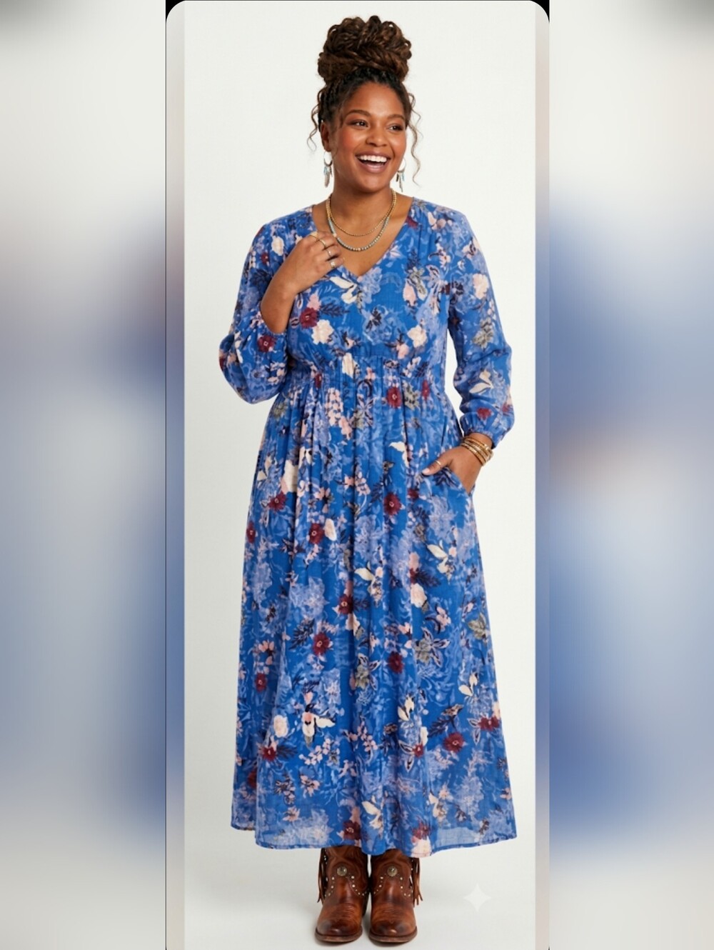 Boho Maxi Dress Cottagecore Floral Blue Festival Artsy Pockets 2XL New